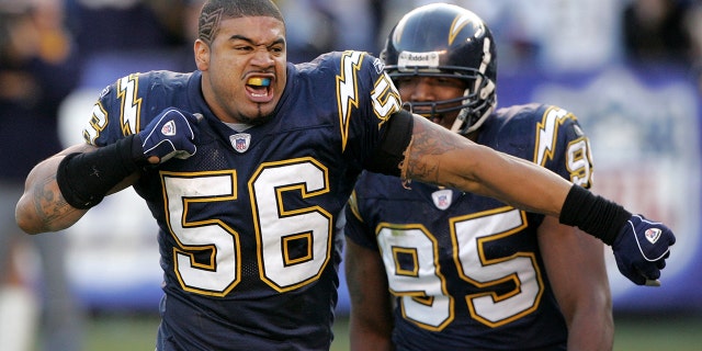 San Diego Chargers linebacker Shawne Merriman celebrates a big hit versus the Arizona Cardinals on Dec. 31, 2006 at Qualcomm Stadium in San Diego.