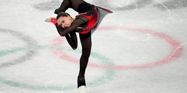 Kamila Valieva of the Russian Olympic Committee competes in the women's free skating program at the 2022 Winter Olympics on February 17, 2022 in Beijing.