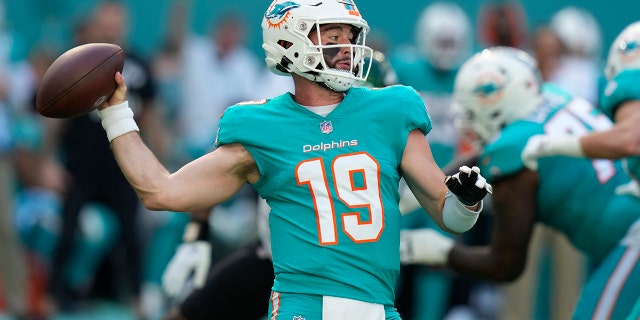 Miami Dolphins quarterback Skylar Thompson (19) aims a pass during the first half of an NFL football game against the New York Jets, Sunday, Jan. 8, 2023, in Miami Gardens, Florida.