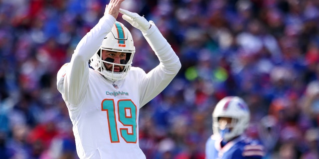 Skylar Thompson of the Miami Dolphins looks on during the wild-card playoff game against the Buffalo Bills on Jan. 15, 2023, in Orchard Park, New York.