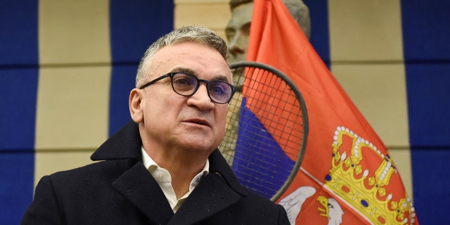Novak Djokovic's father Srdjan speaks at a news conference in Belgrade, Serbia, Jan. 10, 2022.