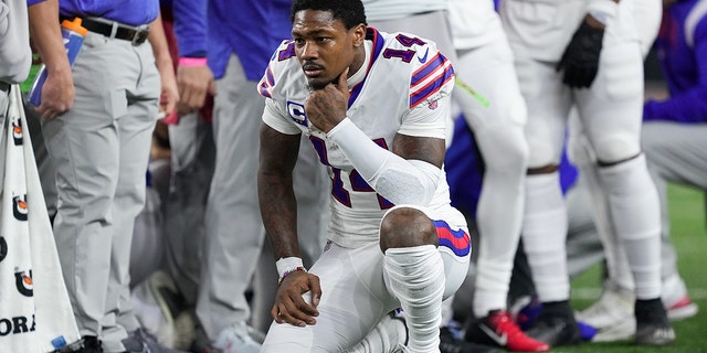 Stefon Diggs, #14 of the Buffalo Bills, reacts after teammate Damar Hamlin, #3, was injured against the Cincinnati Bengals during the first quarter at Paycor Stadium on Jan. 2, 2023 in Cincinnati.
