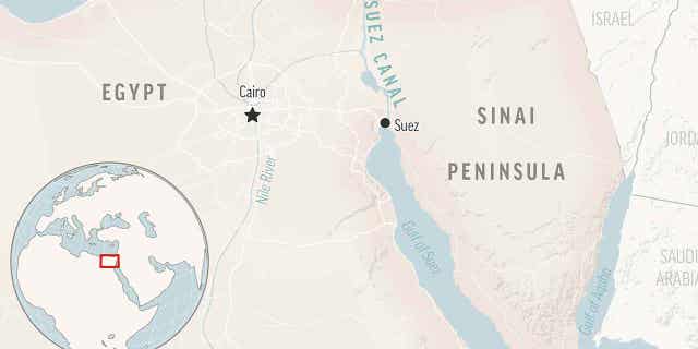 A locator map for the Suez Canal and the Sinai Peninsula in Egypt, with its capital, Cairo. A cargo ship in Egypt's Suez Canal was grounded early on Monday, but it was refloated.