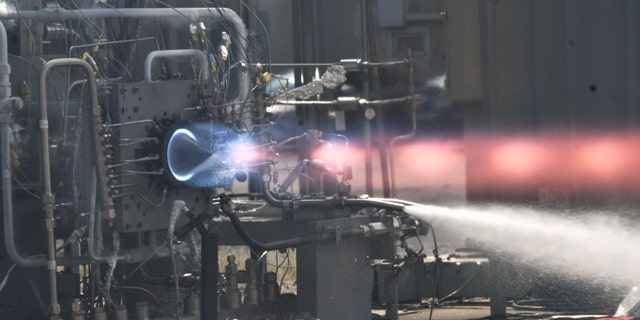 Rotating detonation rocket engine, or RDRE hot fire test at Marshall Space Flight Center.