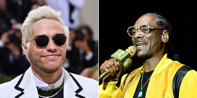 A split photo of Pete Davidson at the Kennedy Center in Washington, DC, on December 5, 2021, and Snoop Dogg at the 2022 LA3C Festival at Los Angeles State Historic Park on December 10, 2022, in Los Angeles, California. 