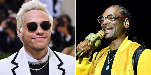 A split photo of Pete Davidson at the Kennedy Center in Washington, DC, on December 5, 2021, and Snoop Dogg at the 2022 LA3C Festival at Los Angeles State Historic Park on December 10, 2022, in Los Angeles, California. 