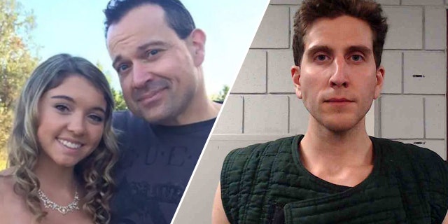 A split photo of slain Idaho college student Kaylee Goncalves with her dad, Steve Goncalves, and the suspected murderer Bryan Kohberger.