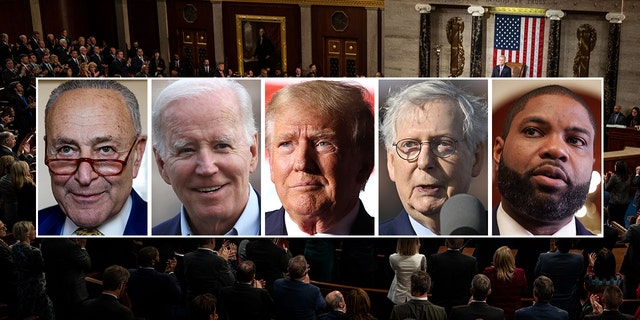 A split photo of Chuck Schumer, Joe Biden, Donald Trump, Mitch McConnell and Byron Donalds, with Kevin McCarthy. 
