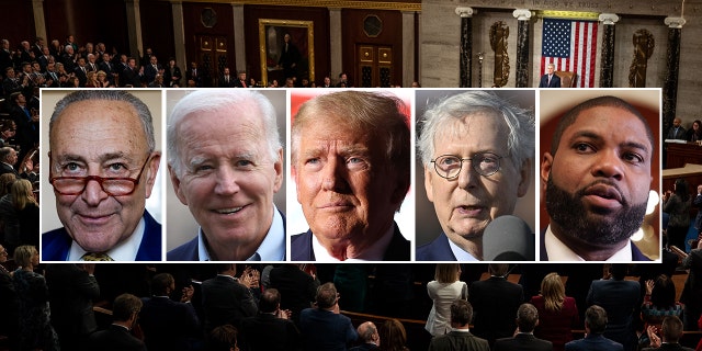 A split photo of Chuck Schumer, Joe Biden, Donald Trump, Mitch McConnell and Byron Donalds, with Kevin McCarthy. 