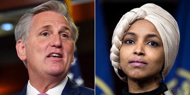 House Speaker Kevin McCarthy (R-Calif.) and Rep. Ilhan Omar (D-Minnesota) pose for a photo.