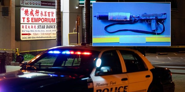 A police car is seen near the scene of a deadly shooting on January 22, 2023, in Monterey Park, Calif. 