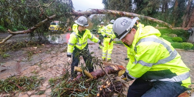Firefighters clear away a fallen tree in Montecito, Calif., on Jan. 10, 2023. 
