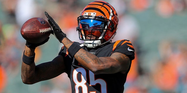 Cincinnati Bengals wide receiver Tee Higgins, #85, catches a pass during warmups prior to a game against the Carolina Panthers at Paycor Stadium on November 6, 2022 in Cincinnati.