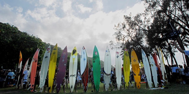 Participants line up their surf boards during the opening ceremony of In Memory of Eddie Ekau at Waimea Bay near Haleiwa, Hawaii, November 30, 2006.