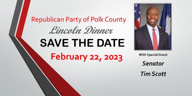 Republican Sen. Tim Scott of Iowa will headline the Polk County GOP Lincoln Dinner, in West Des Moines, Iowa on Feb. 22, 2023.