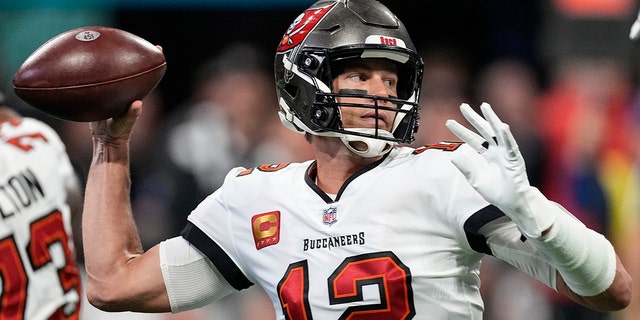 Tampa Bay Buccaneers quarterback Tom Brady sets back to pass against the Falcons, Sunday, Jan. 8, 2023, in Atlanta.