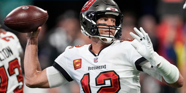 Tampa Bay Buccaneers quarterback Tom Brady sets back to pass against the Falcons, Sunday, Jan. 8, 2023, in Atlanta.