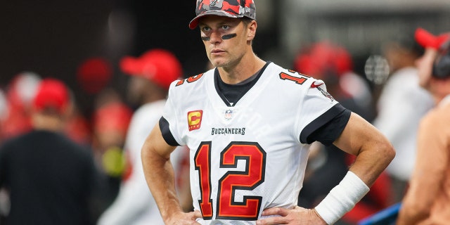 Tampa Bay Buccaneers quarterback Tom Brady on the sideline during the Falcons game at Mercedes-Benz Stadium in Atlanta on Jan. 8, 2023.