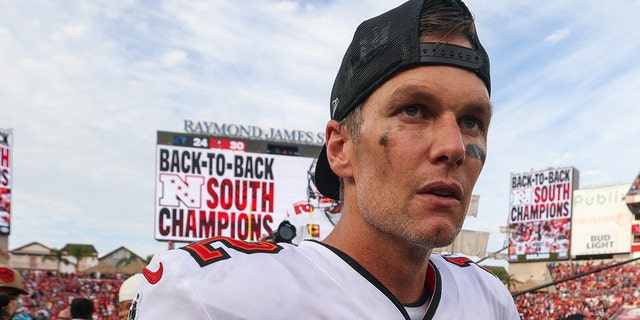 Jan 1, 2023; Tampa, Florida, USA;  Tampa Bay Buccaneers quarterback Tom Brady (12) looks on after beating the Carolina Panthers to clinch the NFC south division at Raymond James Stadium.