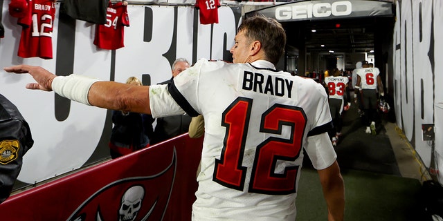 Tom Brady of the Tampa Bay Buccaneers walks off the field after losing to the Dallas Cowboys in the NFL wild-card playoff game at Raymond James Stadium on Jan. 16, 2023, in Tampa, Florida.
