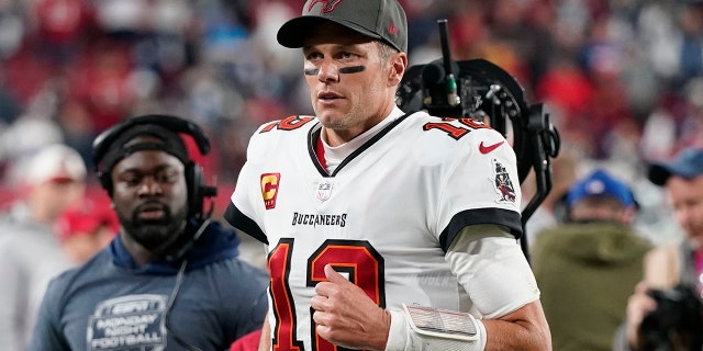 Tampa Bay Buccaneers quarterback Tom Brady (12) leaves the field after an NFL Wild Card game against the Dallas Cowboys, Monday, Jan. 16, 2023, in Tampa, Florida. 