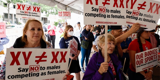 Demonstrators listen to the speaking program during an "Our Bodies, Our Sports" rally for the 50th anniversary of Title IX at Freedom Plaza on June 23, 2022 in Washington, D.C. 