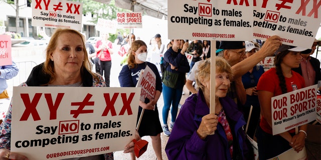 Demonstrators listen to the speaking program during an "Our Bodies, Our Sports" rally for the 50th anniversary of Title IX at Freedom Plaza on June 23, 2022 in Washington, D.C. 