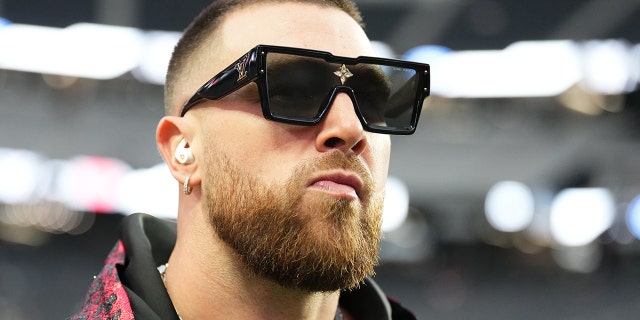 Tight end Travis Kelce, #87 of the Kansas City Chiefs, arrives before a game against the Los Vegas Raiders at Allegiant Stadium on January 7, 2023 in Las Vegas.