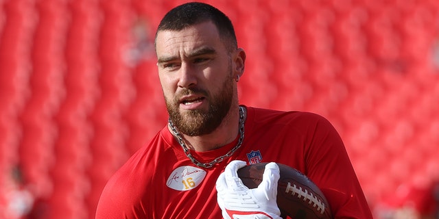 Kansas City Chiefs tight end Travis Kelce, #87, before an AFC West game between the Denver Broncos and Kansas City Chiefs on Jan. 1, 2023 at GEHA Field at Arrowhead Stadium in Kansas City, Missouri.