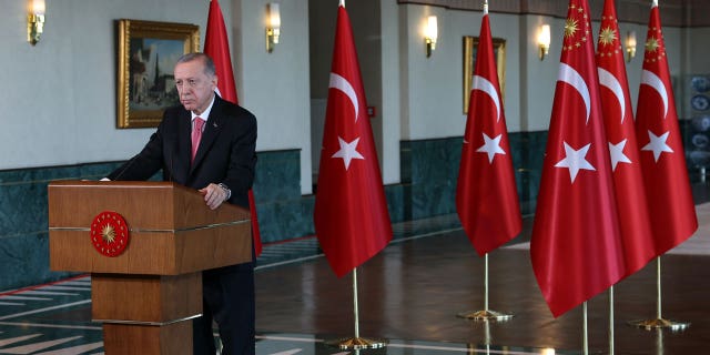 Turkish President Recep Tayyip Erdogan speaks during the opening Ceremony of Amasya Badal Tunnel via video conference at the presidential complex in Ankara, Turkiye on Jan. 19, 2023. 