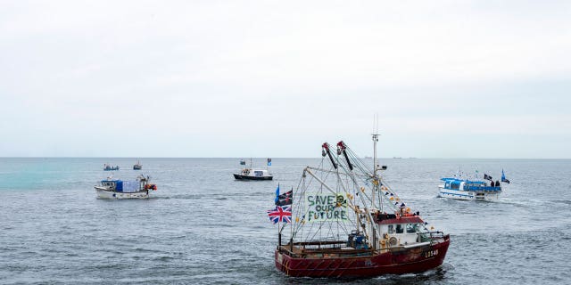 Fishermen protest at South Gare near Redcar, UK, on May 19, 2022 against pollution in the North Sea.