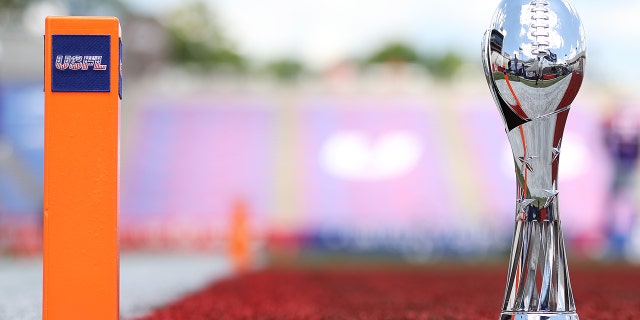 The USFL Championship trophy is seen on the field during warmups before the game between the Birmingham Stallions and the Pittsburgh Maulers at Protective Stadium on May 29, 2022 in Birmingham, Alabama.