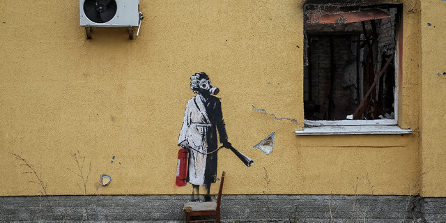 The Banksy mural in Hostomel, Ukraine, as seen on Nov. 12, 2022.