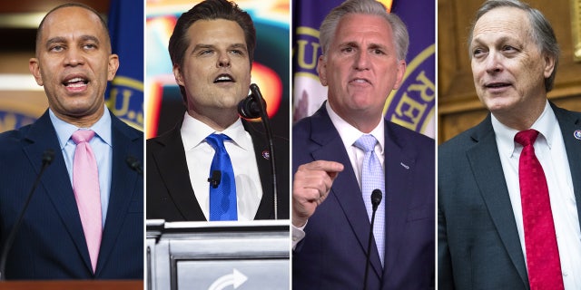 Dari kiri ke kanan: Rep. Demokrat Hakeem Jeffries dari New York, Republik Matt Gaetz dari Florida, Kevin McCarthy dari California, dan Republik Andy Biggs dari Arizona.