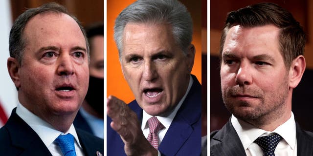 Rep. Adam B. Schiff (left) and Rep. Eric Swalwell (left) were kicked off the House Intelligence Committee by U.S. House Minority Leader Rep. Kevin McCarthy (middle).