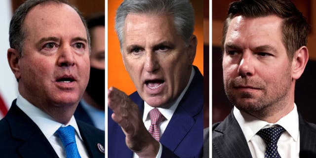 Rep. Adam B. Schiff (left) and Rep. Eric Swalwell (left) were kicked off the House Intelligence Committee by U.S. House Minority Leader Rep. Kevin McCarthy (middle).