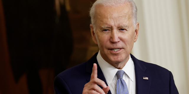 U.S. President Joe Biden speaks during a ceremony at the White House.