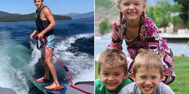 Ethan Chapin surfs on Priest Lake in northern Idaho, alongside of Ethan Chapin and his siblings, Maizie and Hunter. 