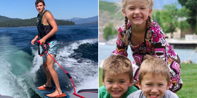 Ethan Chapin surfs on Priest Lake in northern Idaho, alongside of Ethan Chapin and his siblings, Maizie and Hunter.