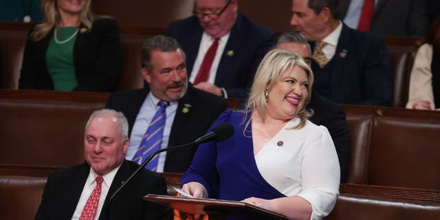 Rep.-elect Kat Cammack speaks alongside Rep.-elect Steve Scalise in the House Chamber during the elections for speaker of the House at the U.S. Capitol on Jan. 4, 2023.