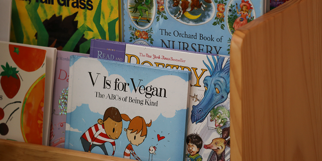 'V is for Vegan' book, belonging to parent Emily Sim and her infant son Henry (NOT in picture), at their home, Pokfulam Road in Hong Kong on August 09, 2017. (Photo by Nora Tam/South China Morning Post via Getty Images)