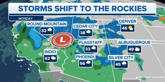 Western storms shift to the Rockies on Monday