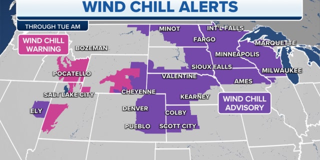 Wind chill alerts across the country through Tuesday morning
