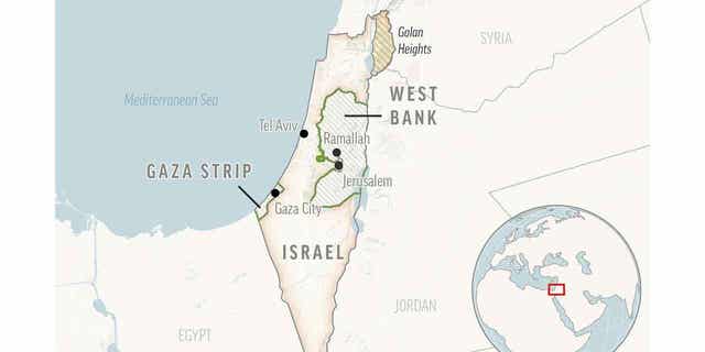 This is a locator map of Israel and the Palestinian Territories. 