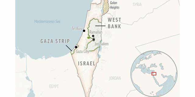 This is a locator map of Israel and the Palestinian Territories. 