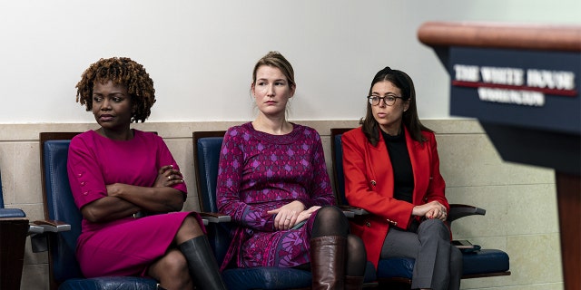 Karine Jean-Pierre, White House press secretary, from left, Olivia Dalton, White House principal deputy press secretary, and Emilie Simons, White House assistant press secretary, during a news conference in the James S. Brady Press Briefing Room at the White House in Washington, D.C., Dec. 12, 2022.
