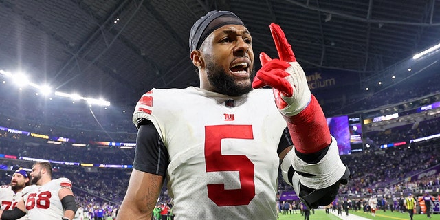 New York Giants defensive end Kayvon Thibodeaux, #5, reacts after winning a wild card game against the Minnesota Vikings at U.S. Bank Stadium in Minneapolis Jan. 15, 2023.