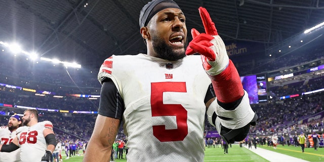 New York Giants defensive end Kayvon Thibodaux, #5, reacts after winning the wild card game against the Minnesota Vikings at US Bank Stadium on January 15, 2023 in Minneapolis.