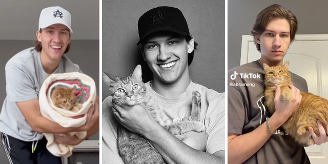 Abram Engle and his cat Kurt are full-time content creators. On the far right, Kurt turns into a