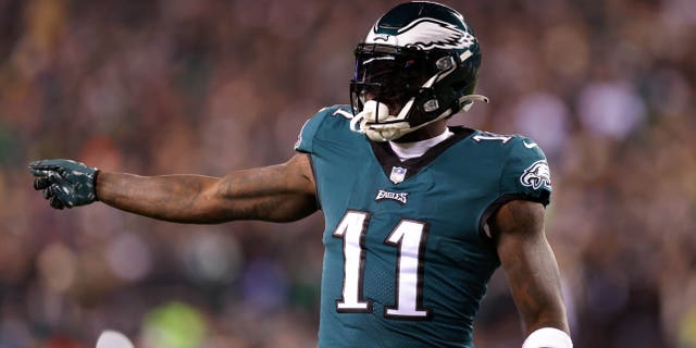 A.J. Brown of the Eagles gestures during the playoff game against the New York Giants at Lincoln Financial Field on Jan. 21, 2023, in Philadelphia.